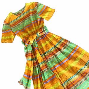 Vintage Japanese 80s 90s Tropical Colorful A-Line Midi Dress w Sash Size S M